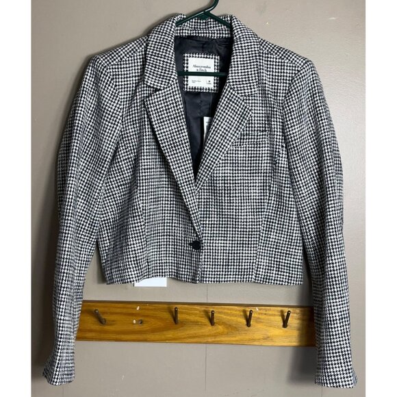 NWT Abercrombie & Fitch Jacket Crop Black Houndstooth Tweed Boxy Womens M - Picture 4 of 13